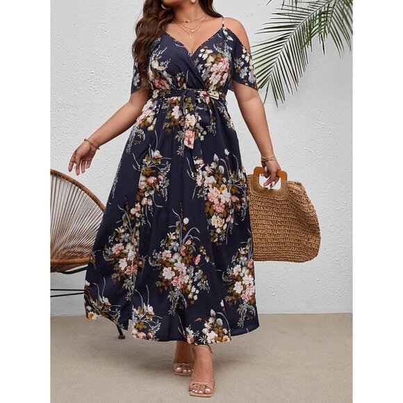 Women's Plus Size Floral Cold Shoulder Maxi Dress with Split Thigh - Picture 3 of 4